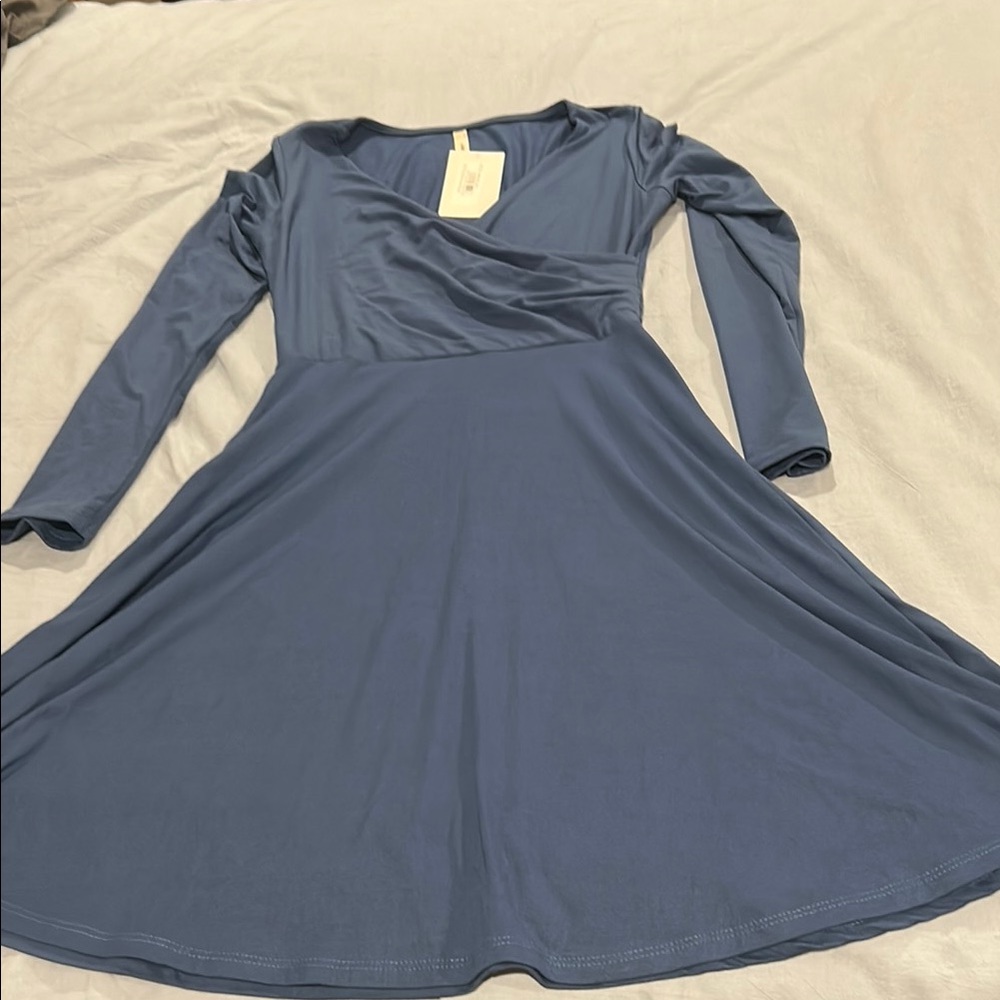 Gilli Blue Asymmetrical Neck Long Sleeve A-Line Dress